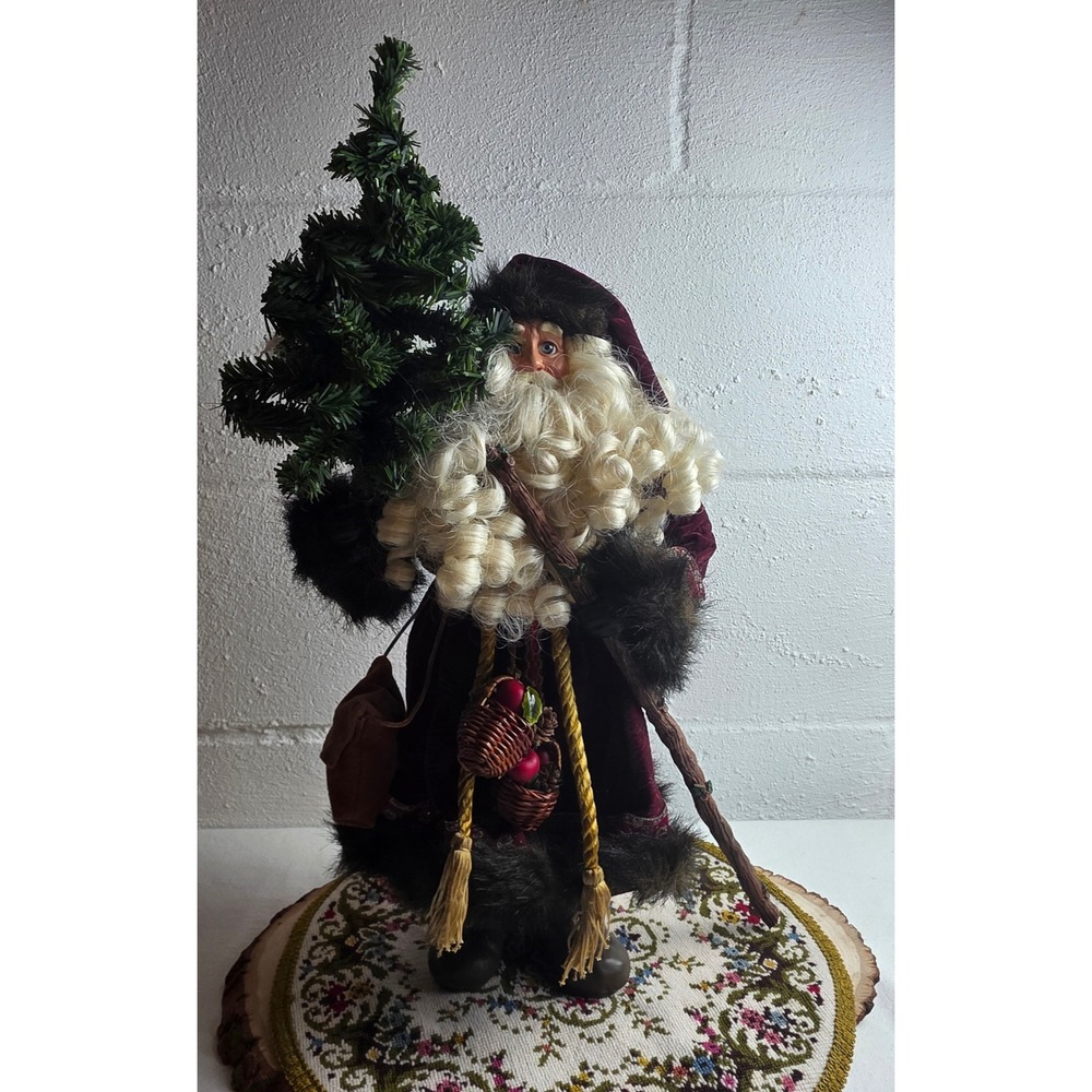 1998 JCPenney Old World Woodland Santa Claus Burgundy Velvet Fur 18in Figurine